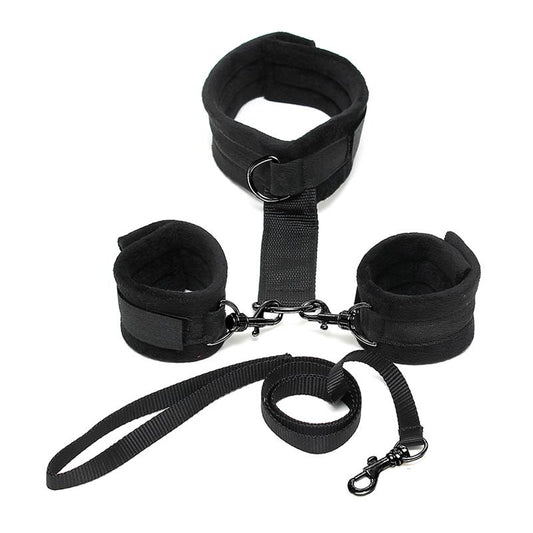 BONDAGE PLAY - COLLAR Y ESPOSAS DESMONTABLES  NEGRO AJUSTABLES