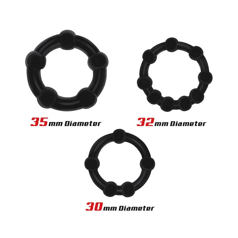 BEAST RINGS - SET 3 ANILLO PARA EL PENE BEADED FLEXIBLES NEGRO