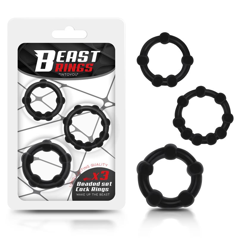 BEAST RINGS - SET 3 ANILLO PARA EL PENE BEADED FLEXIBLES NEGRO