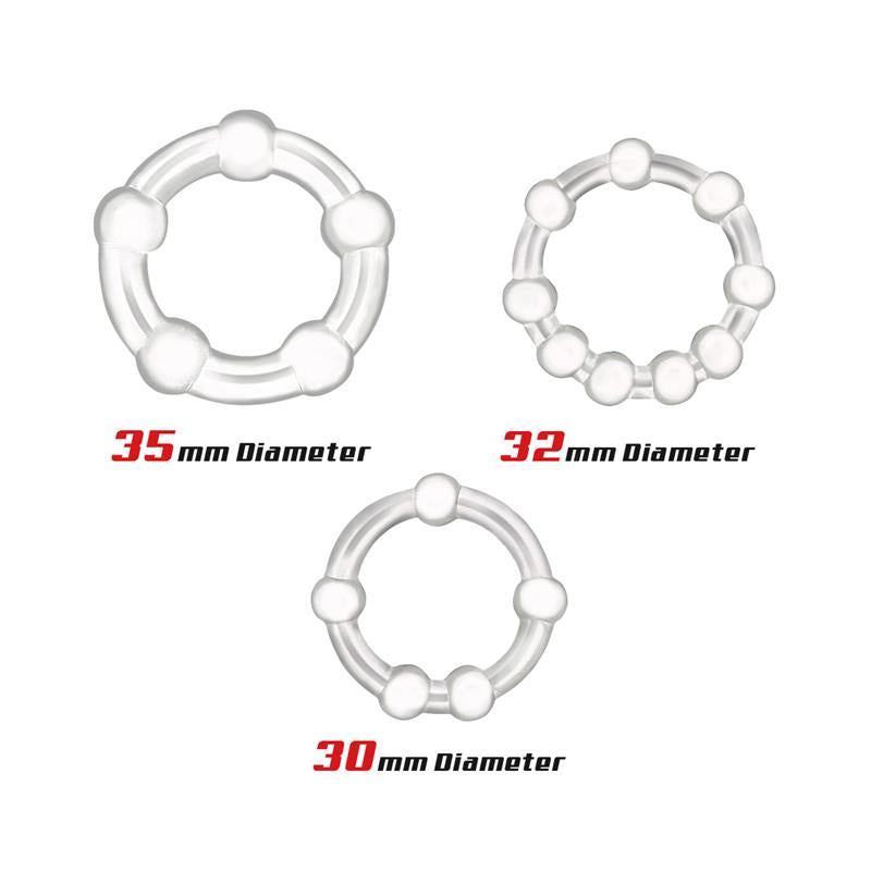 BEAST RINGS - SET 3 ANILLOS PARA EL PENE BEADED FLEXIBLES TRANSPARENTE
