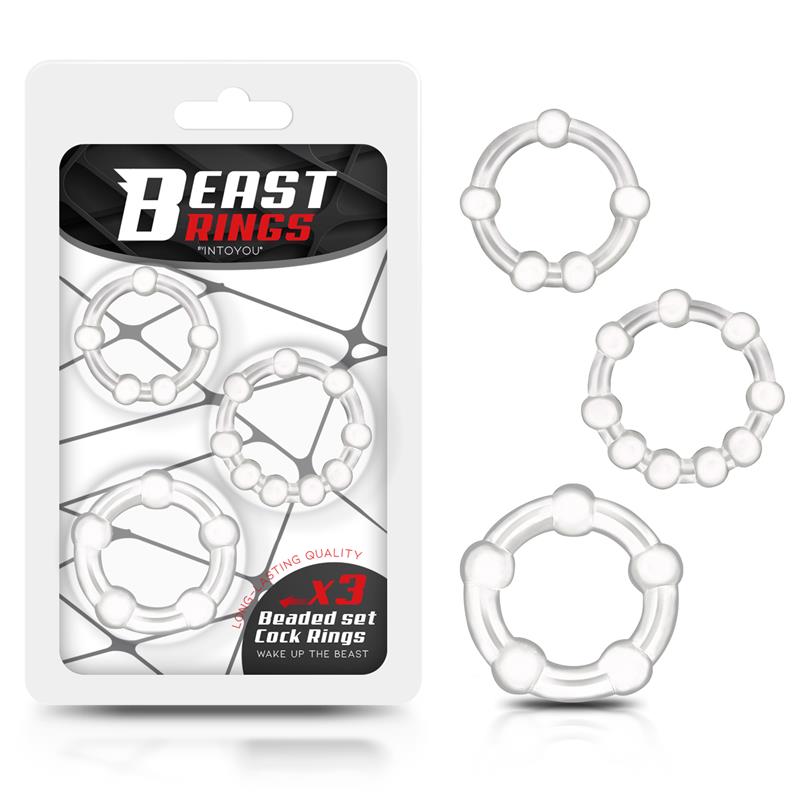 BEAST RINGS - SET 3 ANILLOS PARA EL PENE BEADED FLEXIBLES TRANSPARENTE