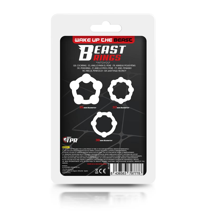 BEAST RINGS - SET 3 ANILLOS PARA EL PENE BEADED FLEXIBLES TRANSPARENTE