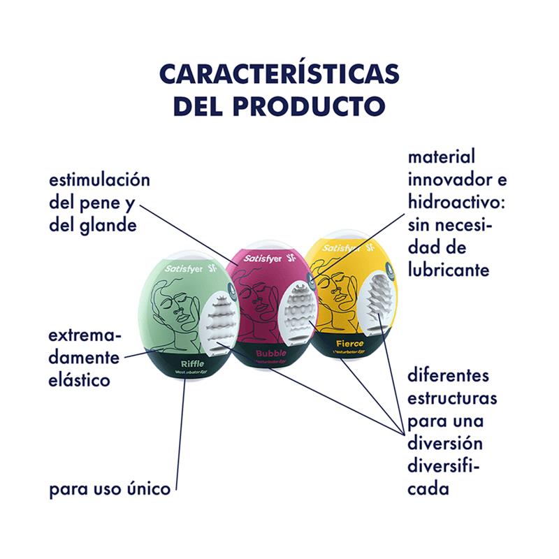 SATISFYER - SET 3 HUEVOS MASTURBADOR RIFFLE, BUBBLE Y FIERCE