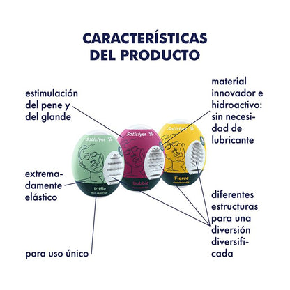 SATISFYER - SET 3 HUEVOS MASTURBADOR RIFFLE, BUBBLE Y FIERCE