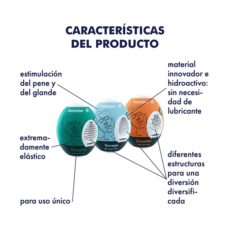 SATISFYER - SET 3 HUEVOS MASTURBADORES NAUGHTY, SAVAGE Y CRUNCH