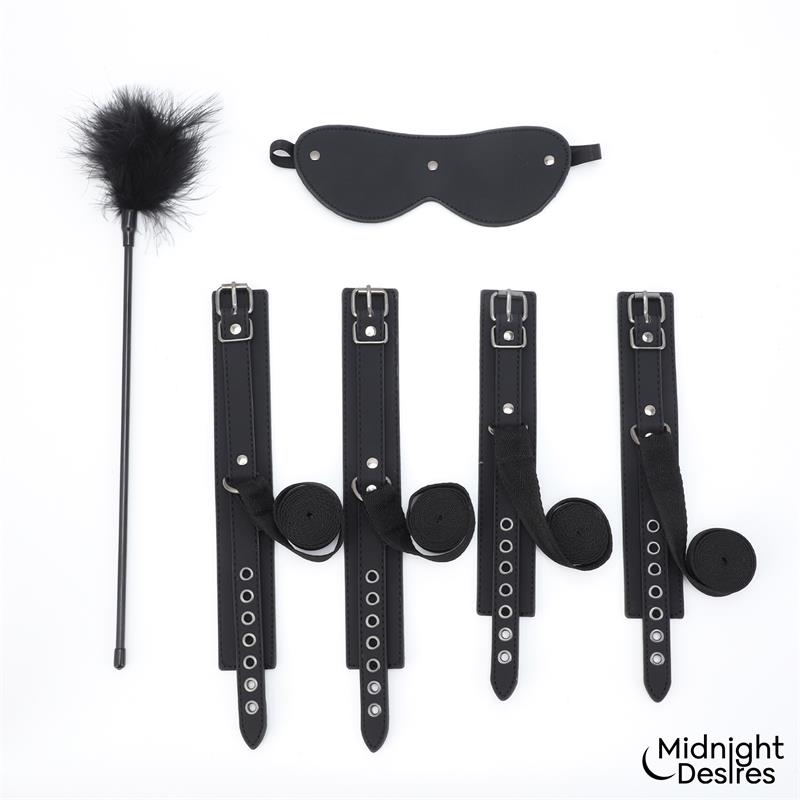 MIDNIGHT DESIRES - SET BONDAGE CON ESPOSAS, ANTIFAZ Y PLUMA ESTIMULADORA