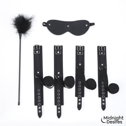 MIDNIGHT DESIRES - SET BONDAGE CON ESPOSAS, ANTIFAZ Y PLUMA ESTIMULADORA