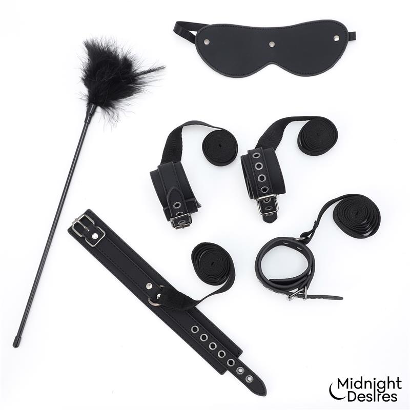 MIDNIGHT DESIRES - SET BONDAGE CON ESPOSAS, ANTIFAZ Y PLUMA ESTIMULADORA