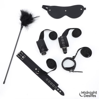 MIDNIGHT DESIRES - SET BONDAGE CON ESPOSAS, ANTIFAZ Y PLUMA ESTIMULADORA