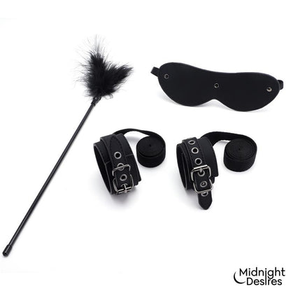 MIDNIGHT DESIRES - SET BONDAGE CON ESPOSAS, ANTIFAZ Y PLUMA ESTIMULADORA