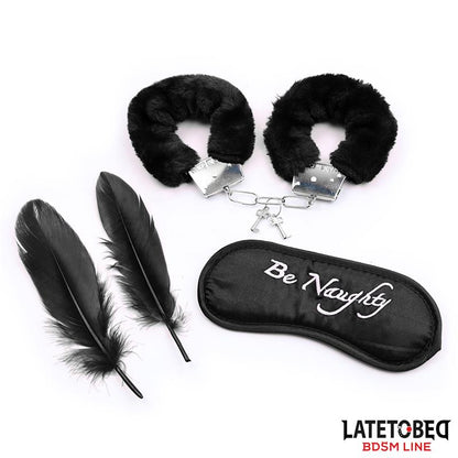 LATETOBED BDSM LINE - SET DE 3 PIEZAS ANTIFAZ, ESPOSAS Y PLUMAS NEGRO