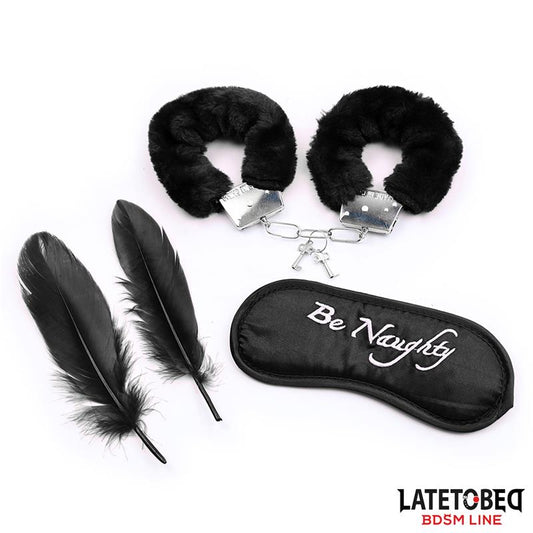 LATETOBED BDSM LINE - SET DE 3 PIEZAS ANTIFAZ, ESPOSAS Y PLUMAS NEGRO