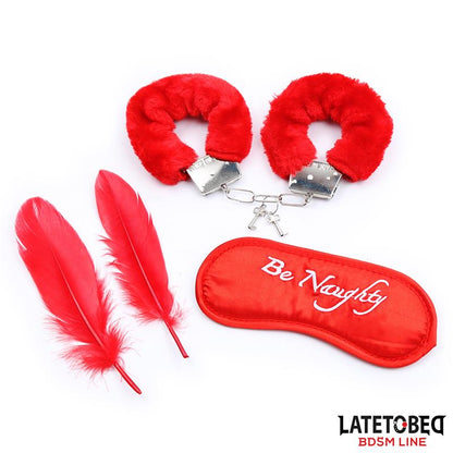 LATETOBED BDSM LINE - SET DE 3 PIEZAS ANTIFAZ, PLUMAS Y ESPOSAS