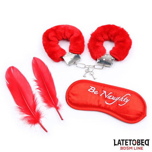 LATETOBED BDSM LINE - SET DE 3 PIEZAS ANTIFAZ, PLUMAS Y ESPOSAS