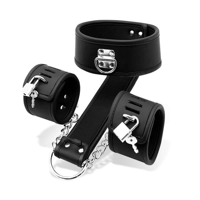 INTOYOU BLACK SHADOW - SET DE COLLAR CON ESPOSAS Y PARA MUÑECAS CUERO VEGANO