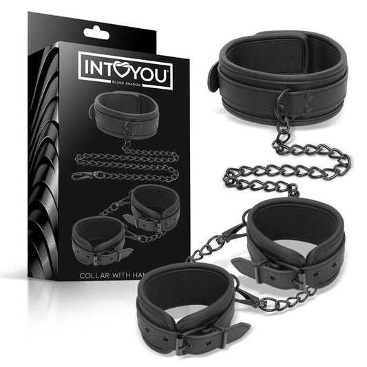 INTOYOU BLACK SHADOW - SET DE COLLAR Y ESPOSAS PARA MUÑECAS CUERO VEGANO