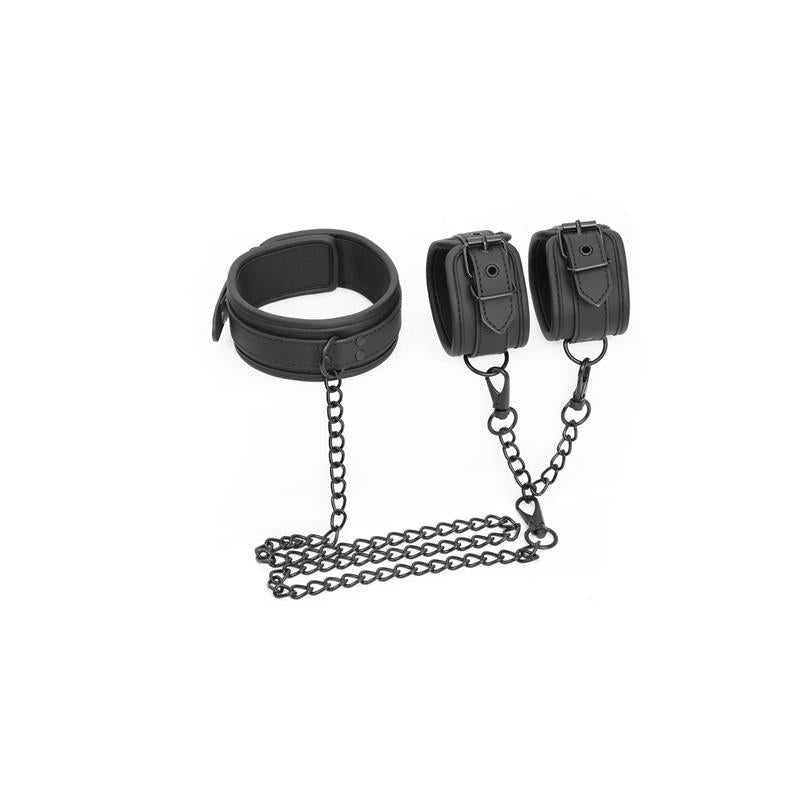 INTOYOU BLACK SHADOW - SET DE COLLAR Y ESPOSAS PARA MUÑECAS CUERO VEGANO