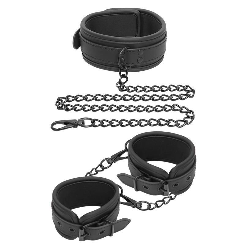 INTOYOU BLACK SHADOW - SET DE COLLAR Y ESPOSAS PARA MUÑECAS CUERO VEGANO