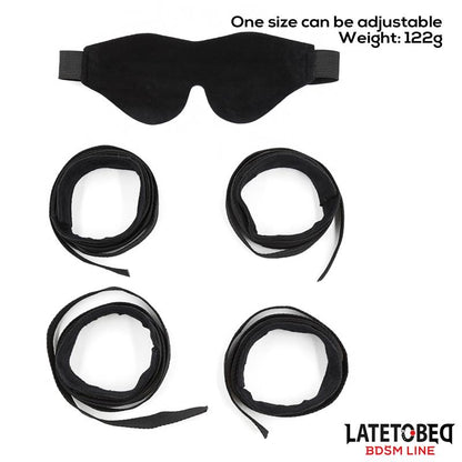 LATETOBED BDSM LINE - SET DE RESTICCIONES 3 PIEZAS ANTIFAZ, ESPOSAS MUÑECAS Y TOBILLOS AJUSTABLES