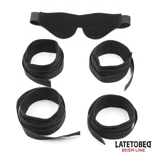 LATETOBED BDSM LINE - SET DE RESTICCIONES 3 PIEZAS ANTIFAZ, ESPOSAS MUÑECAS Y TOBILLOS AJUSTABLES