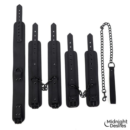 MIDNIGHT DESIRES - SET DE RESTRICCIONES CON ESPOSAS Y COLLAR CON CORREA