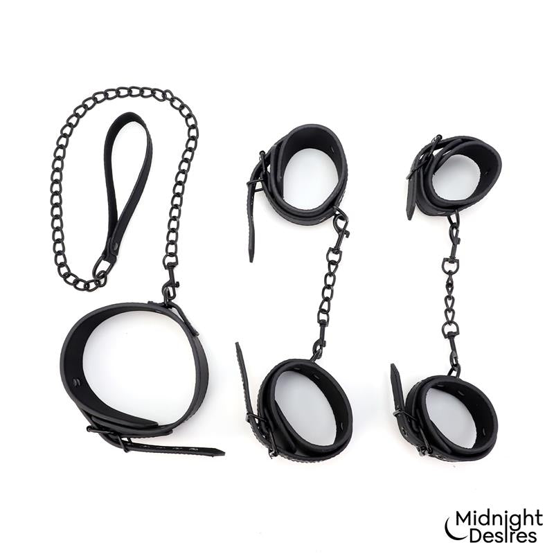 MIDNIGHT DESIRES - SET DE RESTRICCIONES CON ESPOSAS Y COLLAR CON CORREA