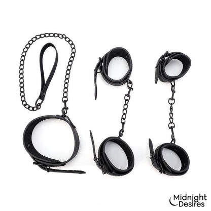 MIDNIGHT DESIRES - SET DE RESTRICCIONES CON ESPOSAS Y COLLAR CON CORREA