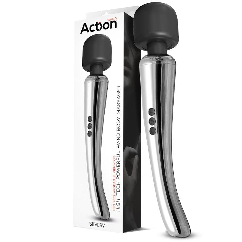 ACTION - SILVERY WAND MASAJEADOR HIGH-TECH SÚPER POTENTE INALÁMBRICO USB COLOR CROMO SILICONA