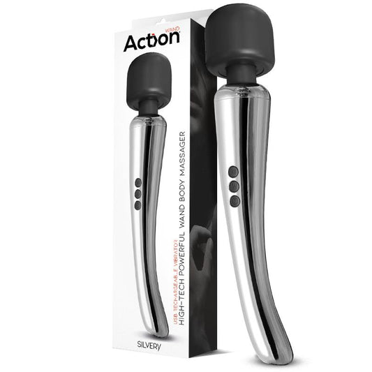 ACTION - SILVERY WAND MASAJEADOR HIGH-TECH SÚPER POTENTE INALÁMBRICO USB COLOR CROMO SILICONA