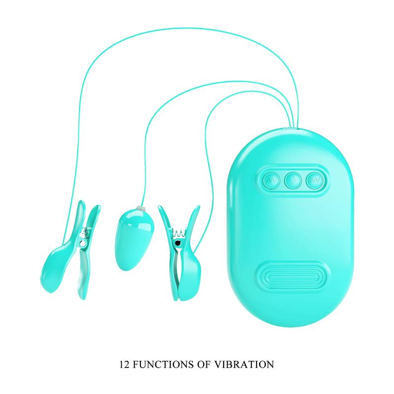 PRETTYLOVE - SURPRISE BOX HUEVO VIBRADOR Y PINZAS PARA PEZONES CON ELECTRO ESTIMULACIÓN AZUL