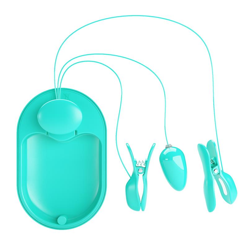 PRETTYLOVE - SURPRISE BOX HUEVO VIBRADOR Y PINZAS PARA PEZONES CON ELECTRO ESTIMULACIÓN AZUL