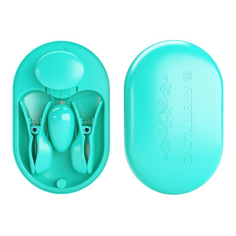 PRETTYLOVE - SURPRISE BOX HUEVO VIBRADOR Y PINZAS PARA PEZONES CON ELECTRO ESTIMULACIÓN AZUL