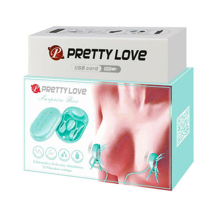 PRETTYLOVE - SURPRISE BOX HUEVO VIBRADOR Y PINZAS PARA PEZONES CON ELECTRO ESTIMULACIÓN AZUL