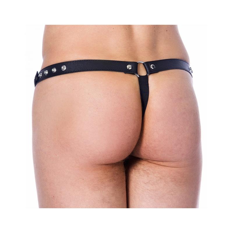 BONDAGE PLAY - TANGA DE CUERO AJUSTABLE COLOR NEGRO