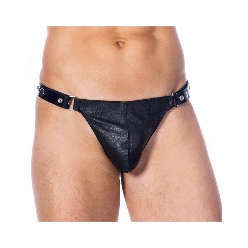 BONDAGE PLAY - TANGA DE CUERO AJUSTABLE COLOR NEGRO