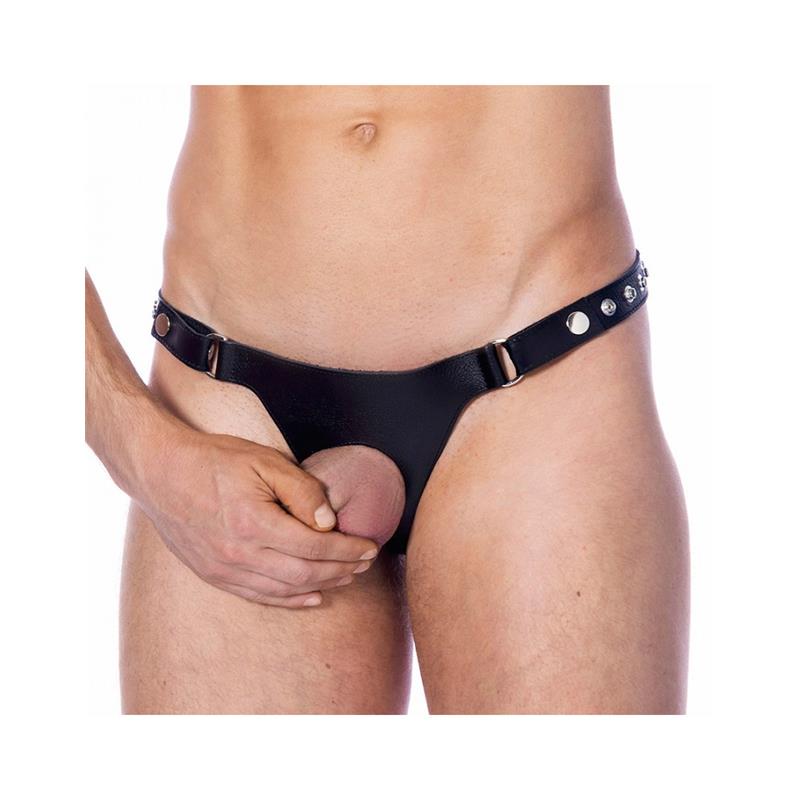 BONDAGE PLAY - TANGA DE CUERO AJUSTABLE CON ABERTURA