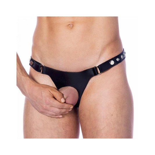 BONDAGE PLAY - TANGA DE CUERO AJUSTABLE CON ABERTURA