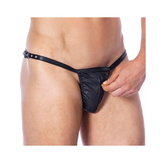 BONDAGE PLAY - TANGA DE CUERO AJUSTABLE CON CREMALLERA TALLA ÚNICA