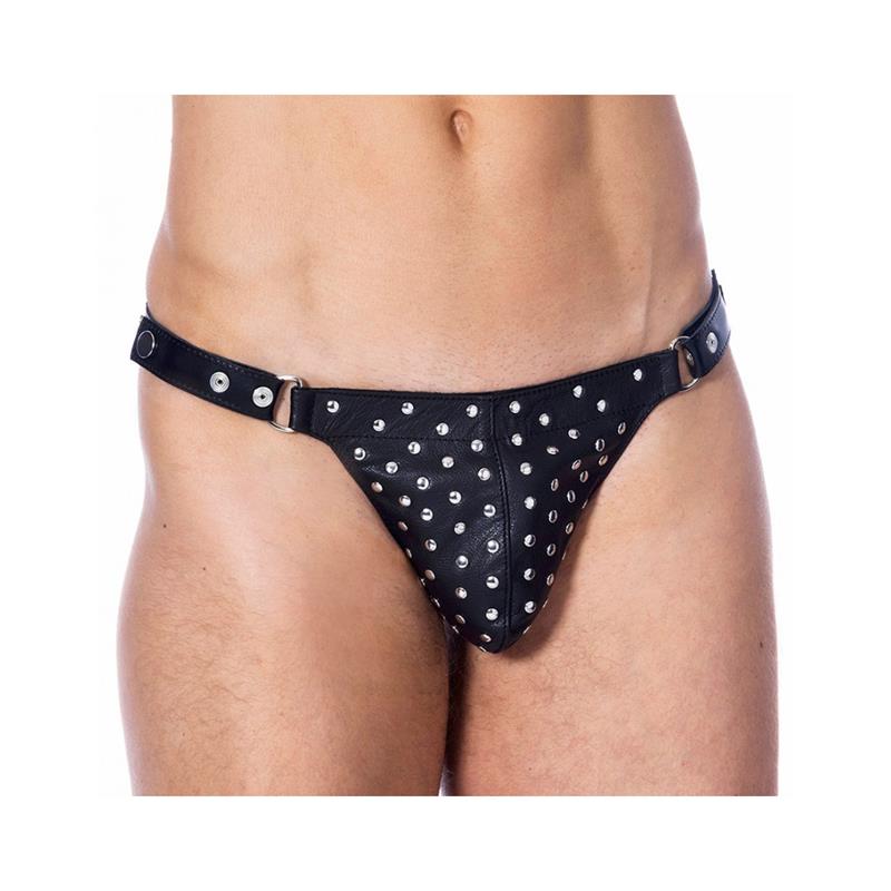 BONDAGE PLAY - TANGA DE CUERO AJUSTABLE CON TACHUELAS
