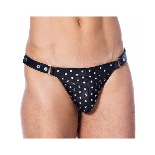 BONDAGE PLAY - TANGA DE CUERO AJUSTABLE CON TACHUELAS