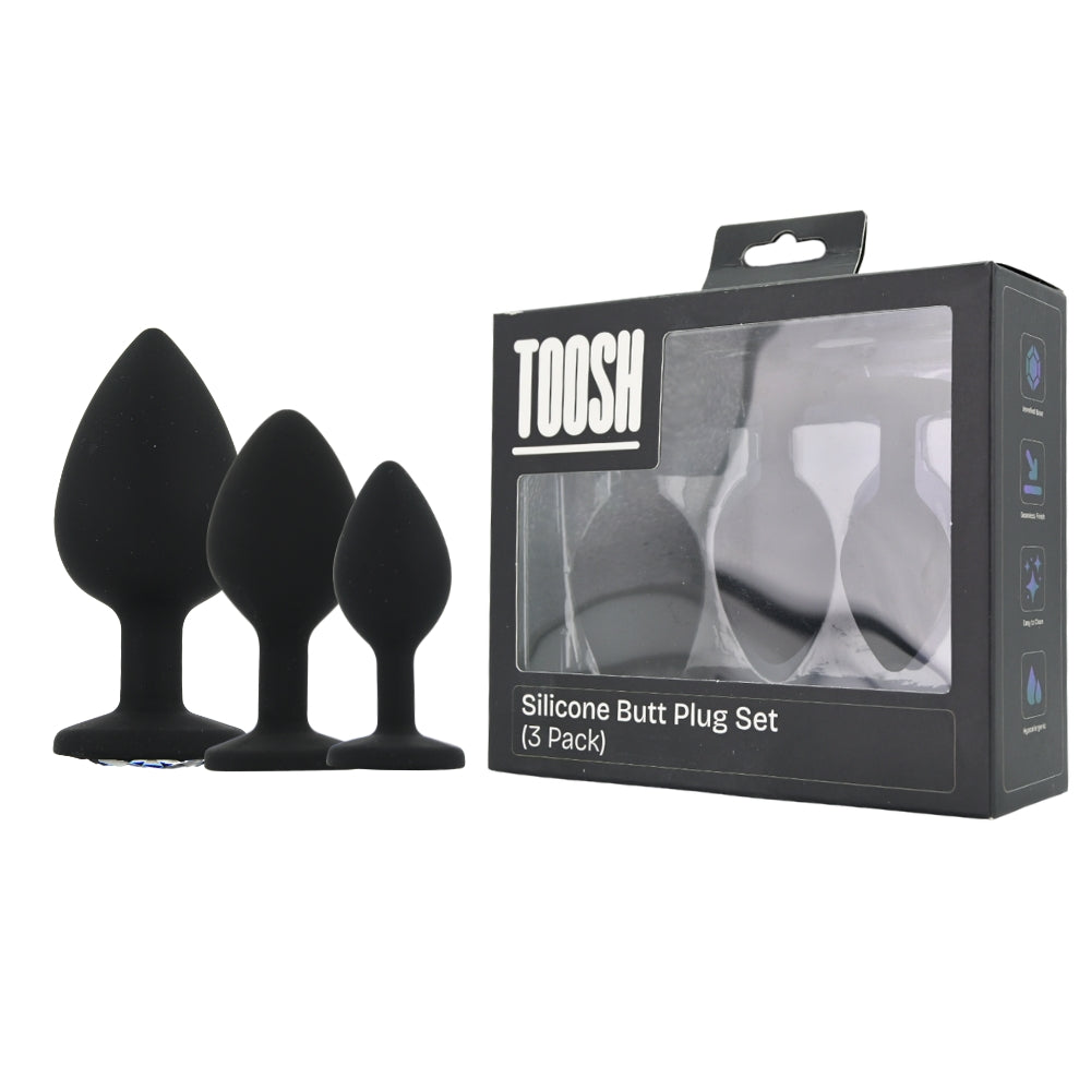 TOOSH - SILICONE BUTT PLUG BLACK SET OF 3 CLEAR STONE