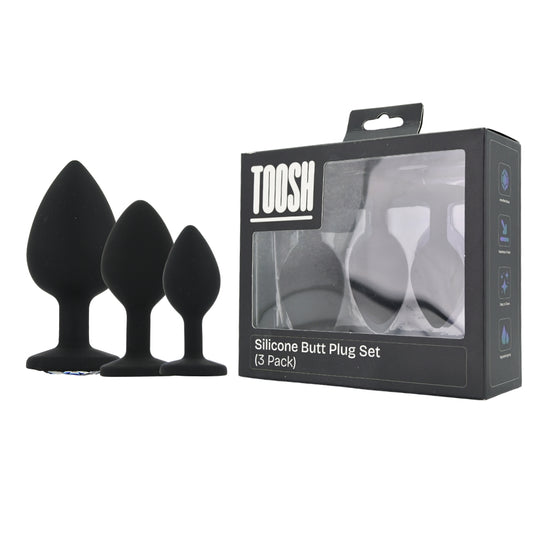 TOOSH - SILICONE BUTT PLUG BLACK SET OF 3 CLEAR STONE