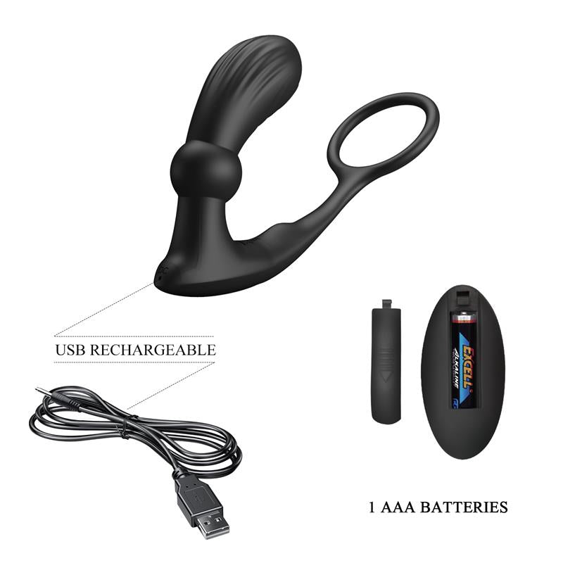 PRETTYLOVE - WARREN PLUG ANAL Y ANILLO PARA EL PENE CON VIBRACIÓN Y PULSACIÓN A CONTROL REMOTO