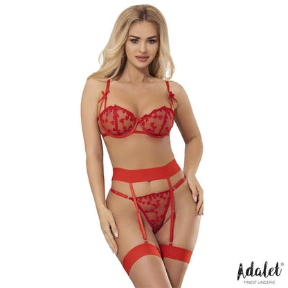 ADALET LINGERIE - YVONNE SET SUJETADOR, TANGA Y LIGUERO CON CORAZONES ROJO