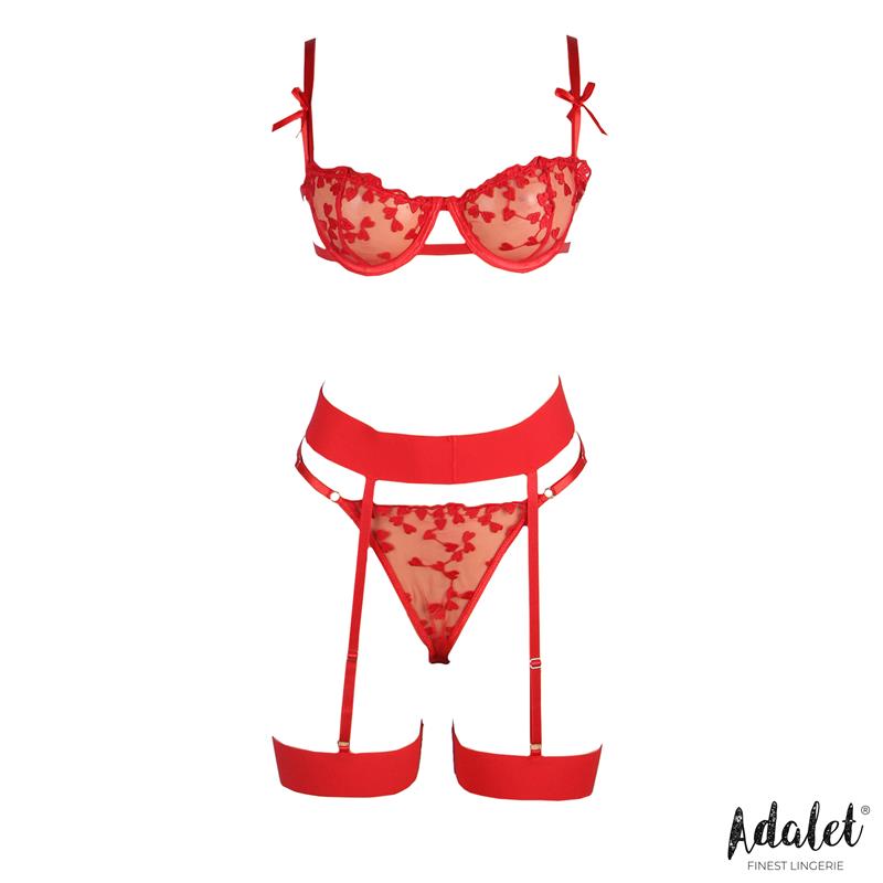 ADALET LINGERIE - YVONNE SET SUJETADOR, TANGA Y LIGUERO CON CORAZONES ROJO