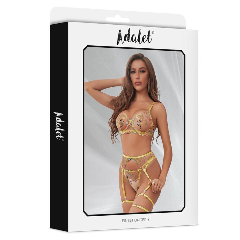 ADALET LINGERIE - ZOEY SET SUJETADOR, TANGA, LIGUERO Y LIGAS AMARILLO FLORAL
