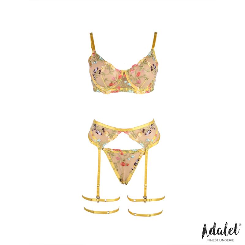 ADALET LINGERIE - ZOEY SET SUJETADOR, TANGA, LIGUERO Y LIGAS AMARILLO FLORAL