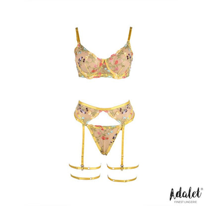 ADALET LINGERIE - ZOEY SET SUJETADOR, TANGA, LIGUERO Y LIGAS AMARILLO FLORAL